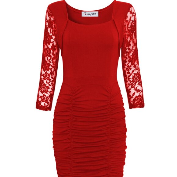 NWT Tam Ware Ruched Detail Bodycon Dress with Square Neck and Lace Sleeves Large - Picture 5 of 5